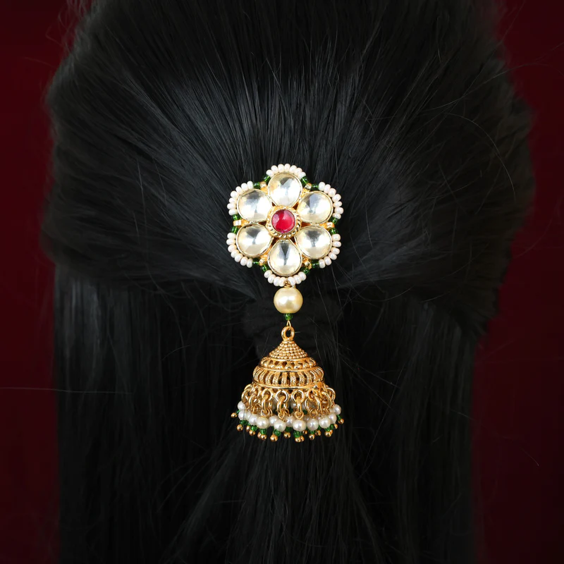Handmade Pachi Kundan Bridal Hair Choti – Flower Jhumka